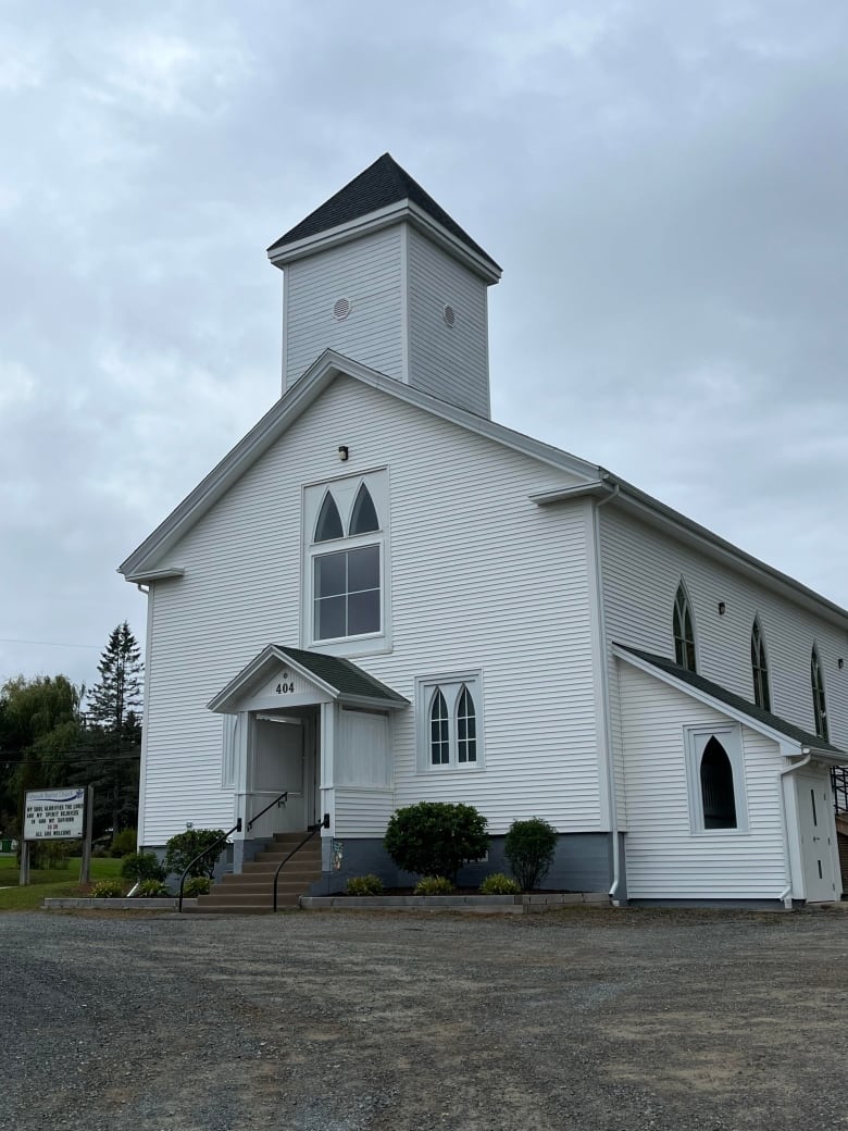 White church with short steeple 