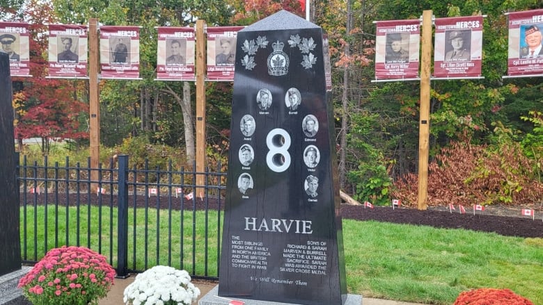 A black granite monument with pictures of eight men on it and the name Harvie etched at the bottom.