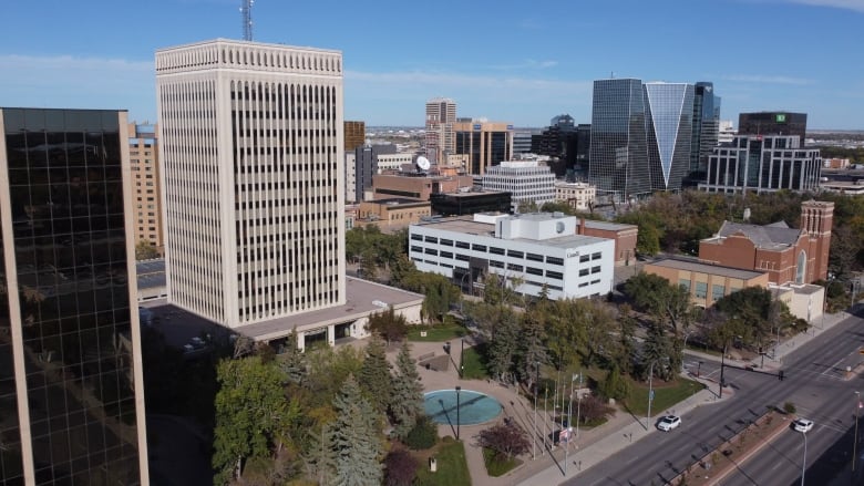 An aerial view of Regina city hall, located at 2476 Victoria Avenue.