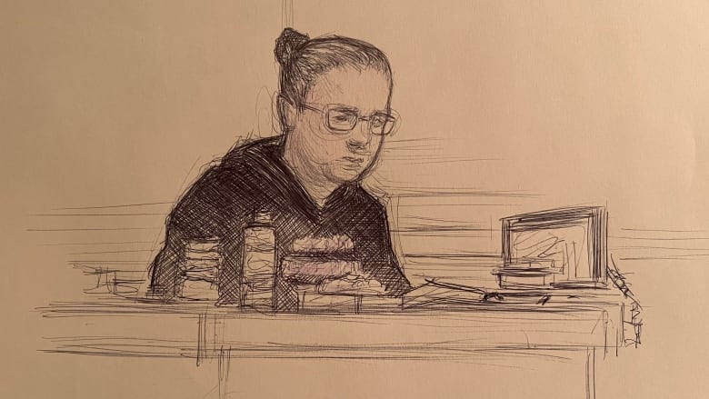 A sketch of a woman with glasses and a ponytail.