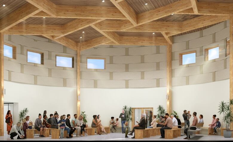 Plans of inside Kenht:ke Language and Cultural Centre; open-concept with room for 150 people.