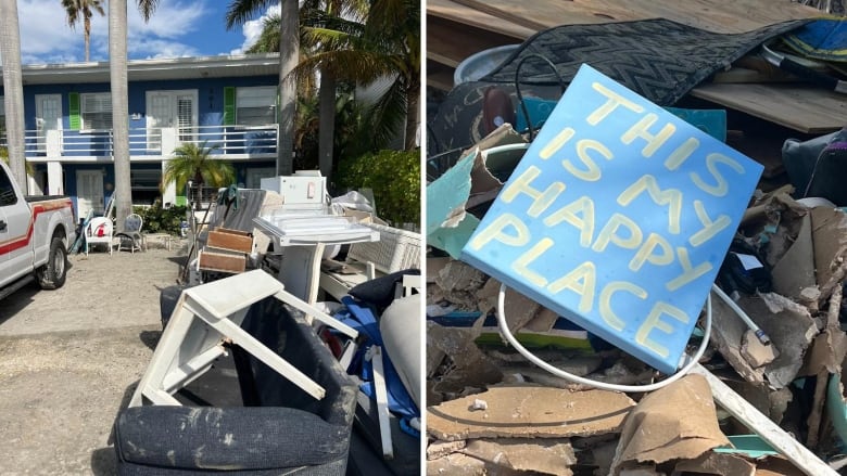 Two images of debris outside a home