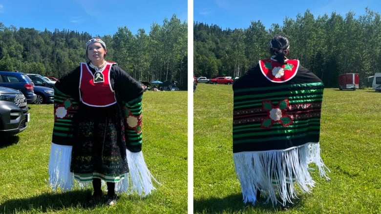 A side-by-side of two photos of a person wearing traditional powwow regalia.