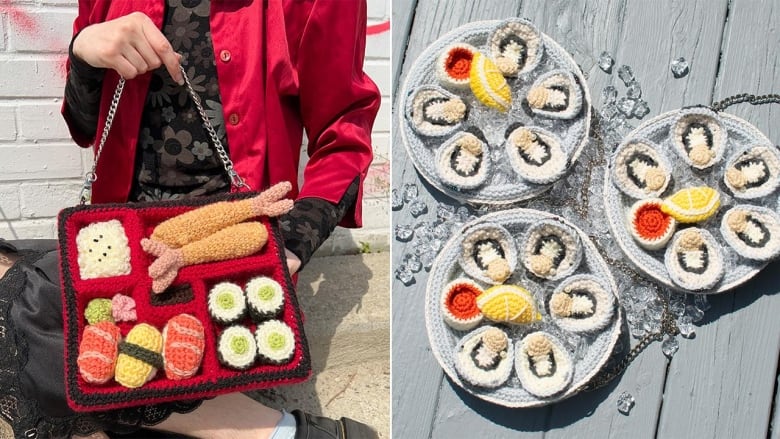 left: a person holding a crochet purse shaped like a bento box; right: overhead shot of 3 crochet purses shaped like plates of oysters.