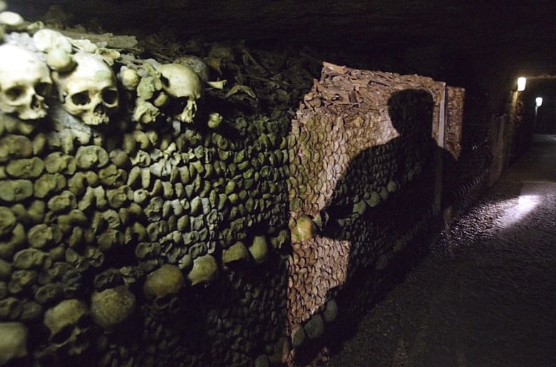 A man is shadowed in the catacombs, in Paris