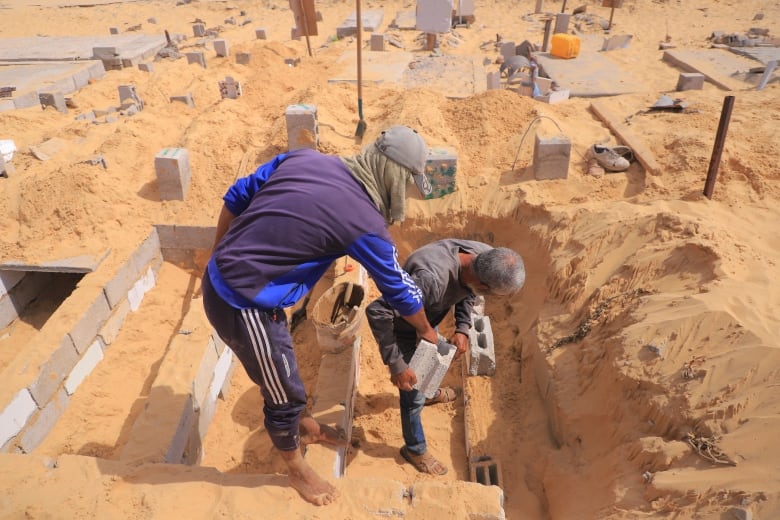 Workers prepare graves at a cemetery on the south side of the Nasser Medical Complex in Khan Younis, Gaza.