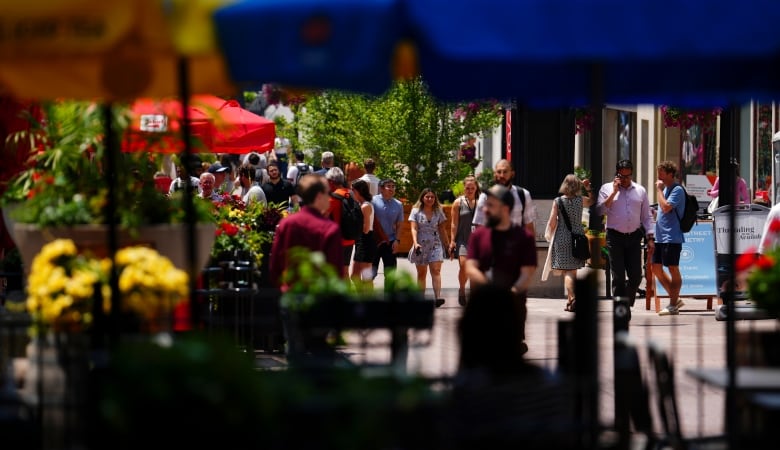 The photo is taken through the shadow of a bunch of umbrellas, which are silhouetted hazily along the top of the image. The focus is crowds of people walking down the street beyond the umbrellas. It is very sunny out. 