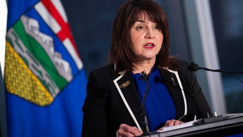 A woman wearing a blazer stands in front of a flag while speaking at a podium.