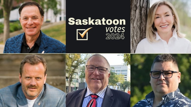 A collage of five portraits of Saskatoon mayoral candidates.