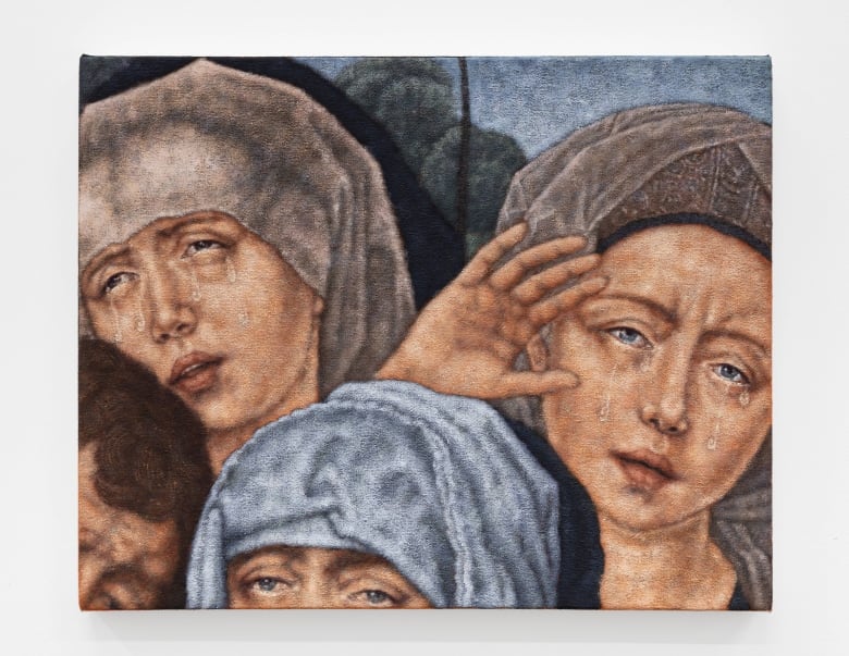 The oil painting shows a close up on four faces. Two of the women are crying. 