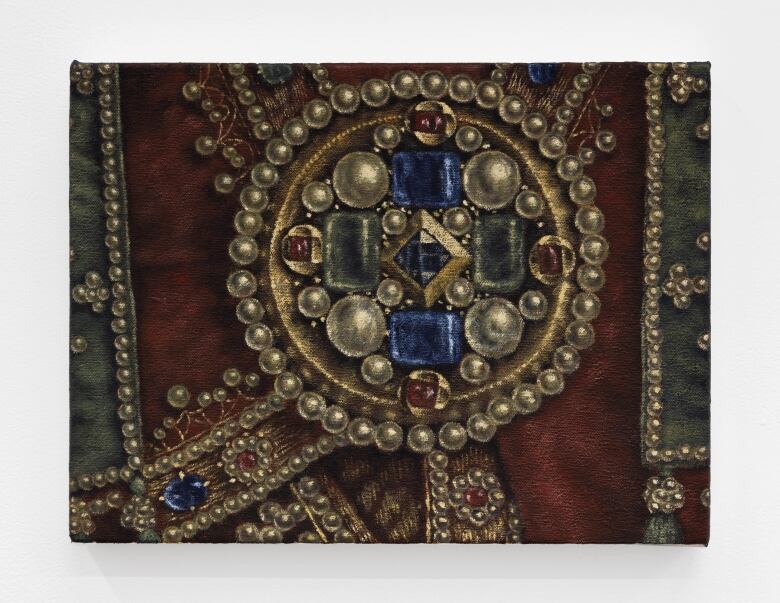 The oil painting shows the extravagantly jewelled clasp of a liturgical cloak. 