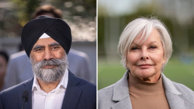 A composite of portrait pictures of a Sikh man and a white woman.