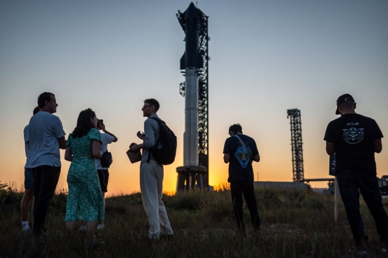 The SpaceX Starship as sits on a launch pad. 