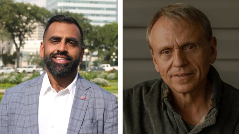 Side by side images show a man in a suit jacket standing outside and a man in a dark-coloured shirt.