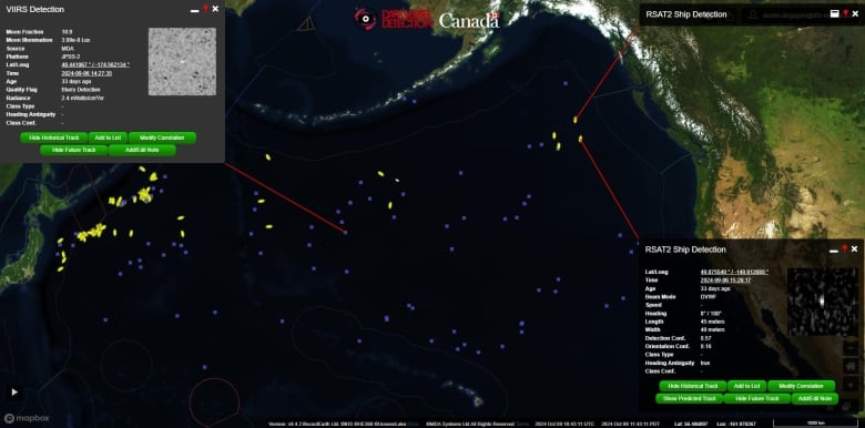 dots of light on a map in Aleutian Islands