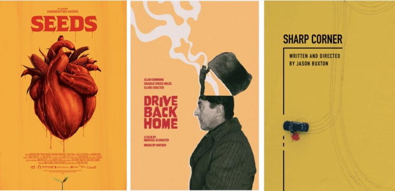 Three movie posters: The first of SEEDS with a cluster of vegetables shaped like a human heart and dripping blood against a yellow background; The second Drive Back Home of a man standing on a man's head opening his brain to the world against a peach background; the third of the movie SHARP CORNER with a black car that has veered off the road. There is a patch of blood near the car.