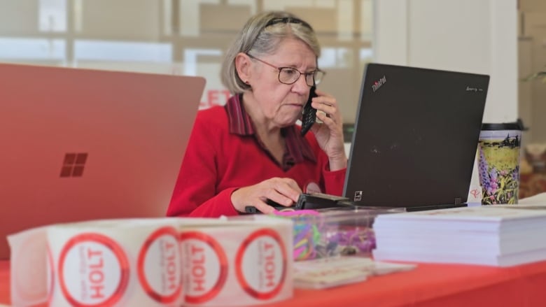 A woman on a computer, with a phone to her ear