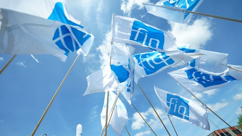 FIQ flags under a blue sky with clouds. 