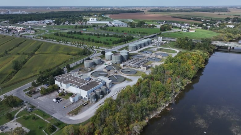 Drone photo of a water treatment plant on a sunny summer day. 