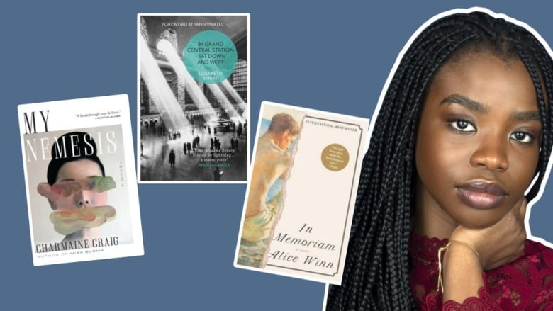 composite of 3 illustrated book covers and a headshot of a young Black woman wearing a red top.