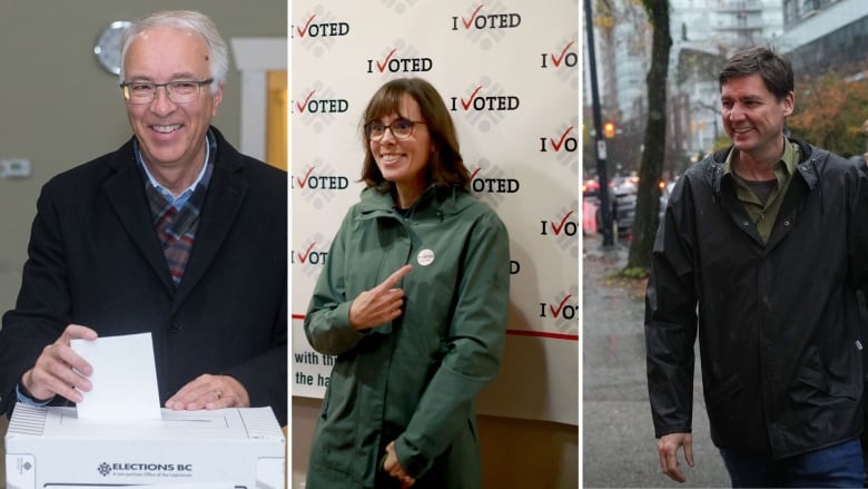 A composite image shows a man with white hair casting a ballot on the left, a woman posing for a photo in the middle, and a man with brown hair walking down a street, on the right.