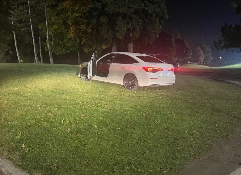 Sarnia police say this car nearly hit an encampment tent in Rainbow Park. They also allege the driver from Chatham-Kent was impaired at the time.