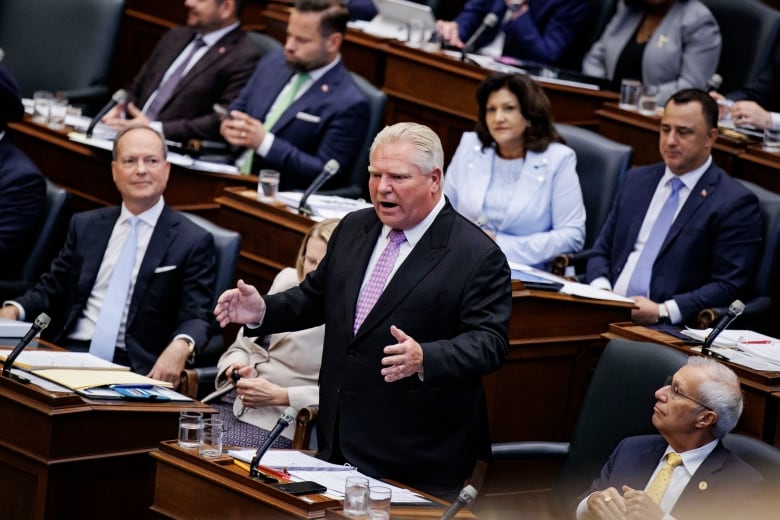 Premier Doug Ford speaks on the floor of the provincial legislature on the first day of the fall legislative session.