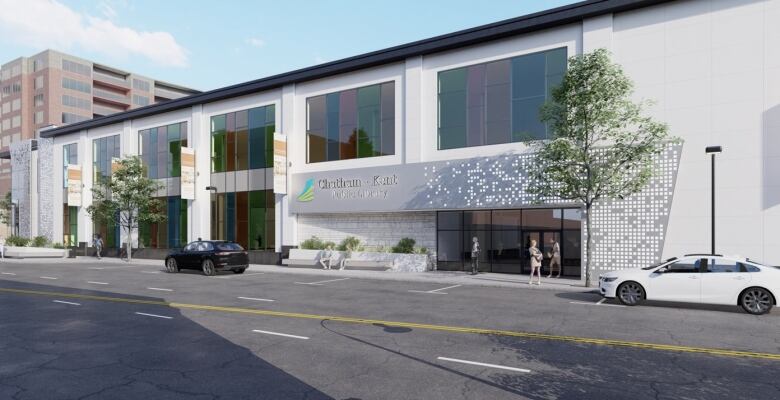 Street view rendering of the outside of a proposed library in the Chatham-Kent hub in downtown Chatham.