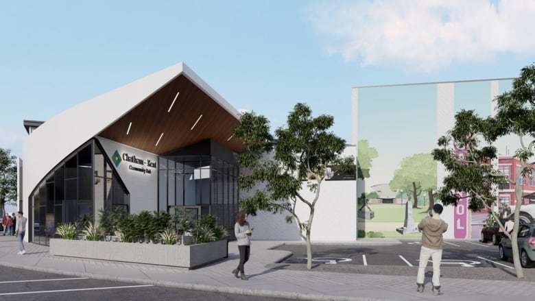 Outside street view rendering of one corner of the community hub proposed in Chatham-Kent.