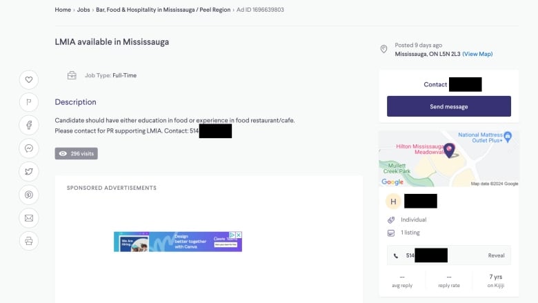 A screenshot of a Kijiji ad titled, LMIA available in Mississauga with the description, Candidate should have either education in food or experience in food restaurant/cafe. Please contact for PR supporting LMIA.