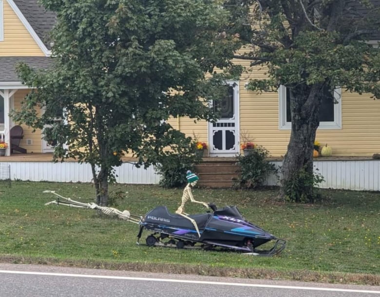 Skeletons on a snowmobile.