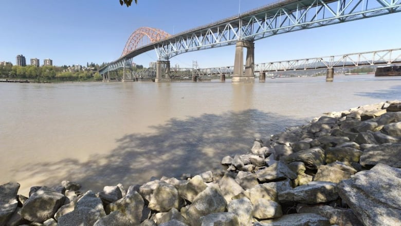 A view of the Fraser River from shore with a bridge in the foreground.