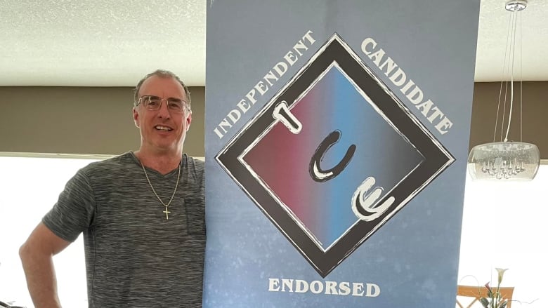 Photo of a middle-aged white man with glasses, standing beside a campaign sign that reads, 'Independent Candidate Endorsed' and 'Right for B.C.'