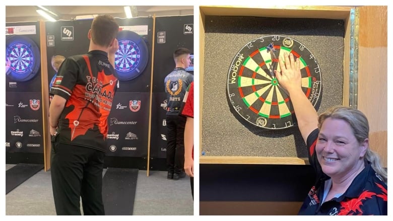 A collage image of two photos. On the left, a teenager wearing a darts Team Canada shirt aims his throw at a dart board. On the right, a woman poses with her darts in the dart board after scoring 180 points, the maximum you can score in a single visit.