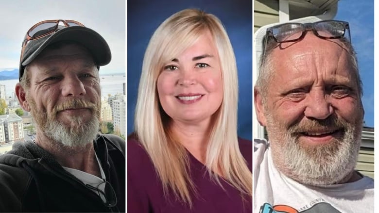 A composite photo of a smiling man with a beard, a smiling woman, and a smiling man.