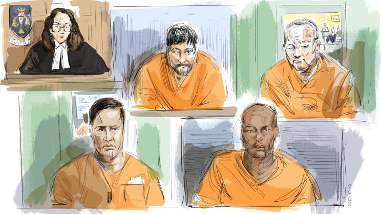 A court sketch of four men in orange prison garb.