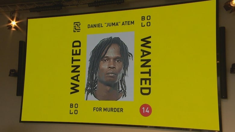 Photo of Daniel Atem on the BOLO's Canada's Most Wanted billboard, showcased on the Regina Police Headquarters.