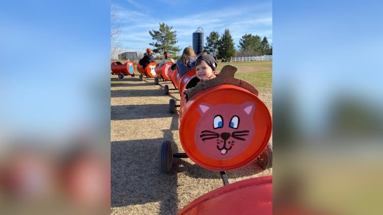 A boy smiles as he rides a red train on a farm.