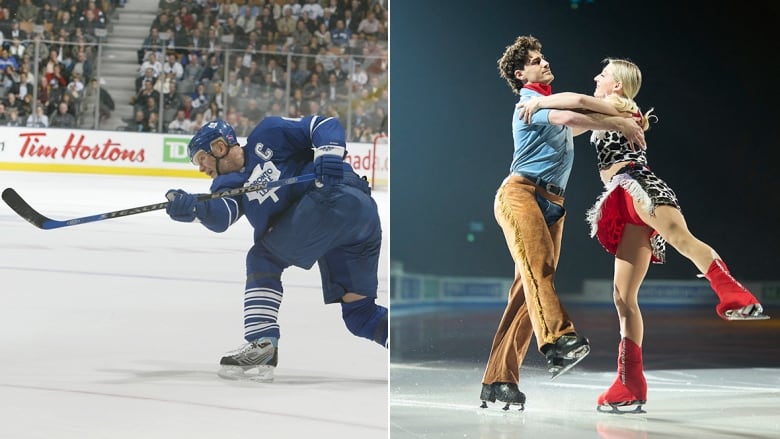 A composite image showing - from left to right - a men's hockey player taking a shot, while two ice dancers perform a routine.