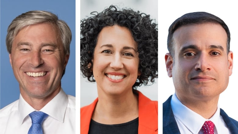 Headshots are shown of theleaders of Nova Scotia's PC, NDP and Liberal parties. Two are men and one is a woman.