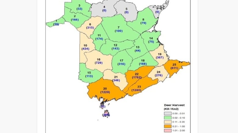 Map of the province of New Brunswick is divided into different coloured zones. 