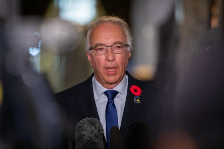 A man wearing a tie and a poppy speaks