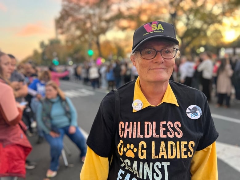 Woman with T shirt that says 