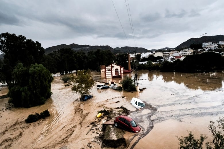 A shot from an elevated spot shows a valley with houses, cars surrounded by high, muddy water.