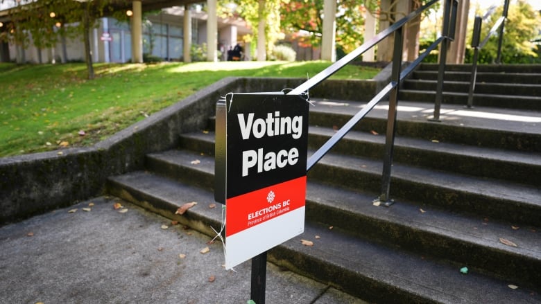 A sign that says 'Voting Place,' with steps leading up.