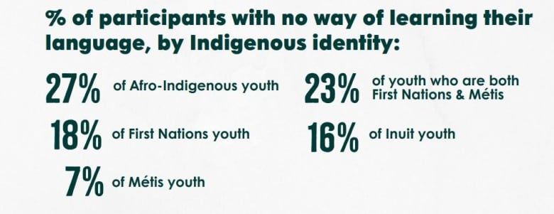 An infographic shows that Afro-Indigenous youth comprised 27% youth who reported of not being able to learn their language.  