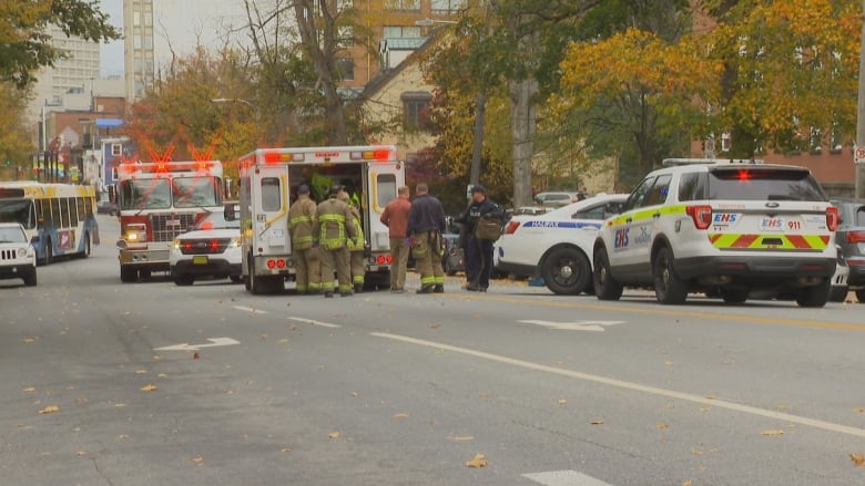 emergency vehicles with lights on parked on a tree-lined street