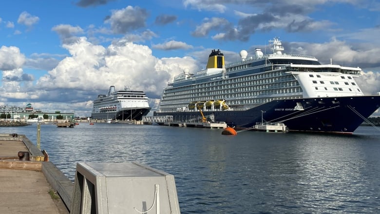 Two cruise ships at the wharf in Charlottetown.