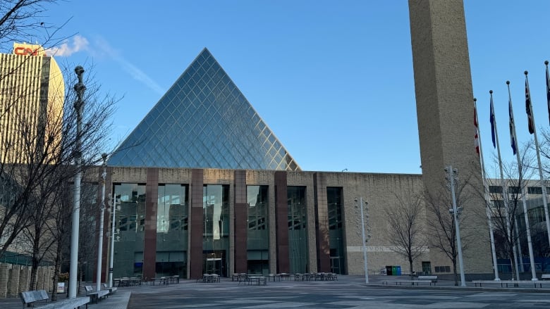 Edmonton city hall appears in shade on a late fall afternoon. 