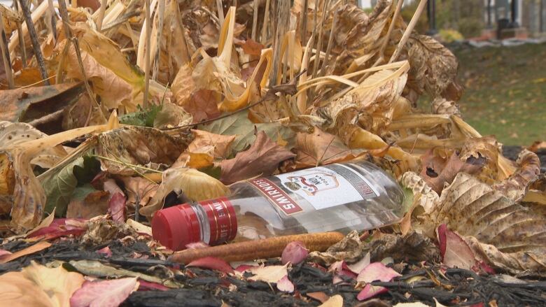 A bottle of Smirnoff vodka sits in a patch of grass.